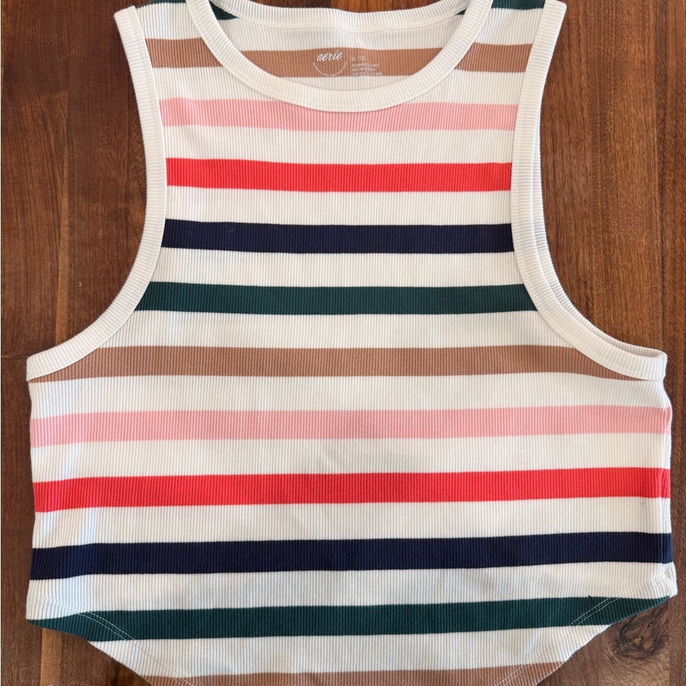 Aerie Women's Striped Ribbed Tank - White with Multicolor Stripes